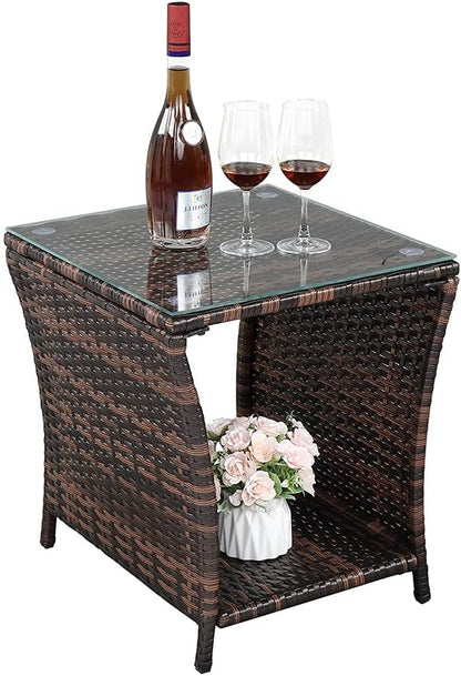 Rpuzonier Wicker Rattan Side Table, Outdoor Square Rattan Coffee End Table with Tempered Glass Top and Storage