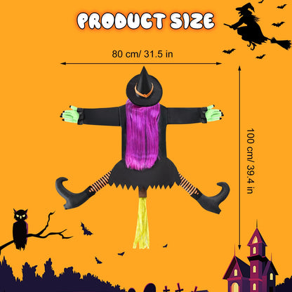 Qivine 39.4" Crashing Witch Halloween Decoration, Flying Crashing Witch into Tree, Halloween Outdoor Decor with Durable Nylon, Flying Witch on Broom Colliding for Yard Garden Porch Tree