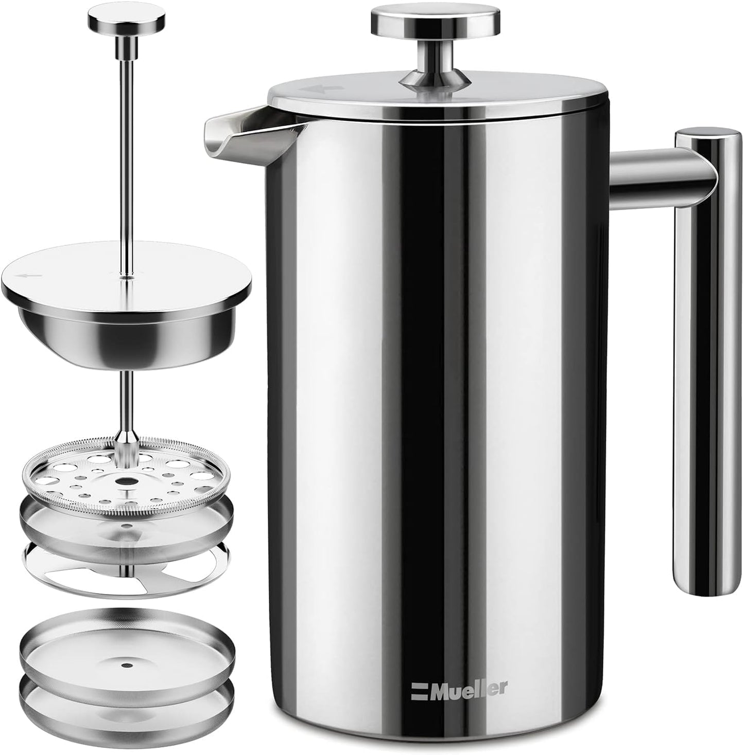 Mueller French Press Coffee Maker, 20oz Stainless Steel, 4 Filter Heat Resistant Double Insulated, Dishwasher Safe