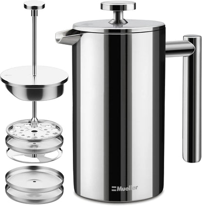 Mueller French Press Coffee Maker, 20oz Stainless Steel, 4 Filter Heat Resistant Double Insulated, Dishwasher Safe
