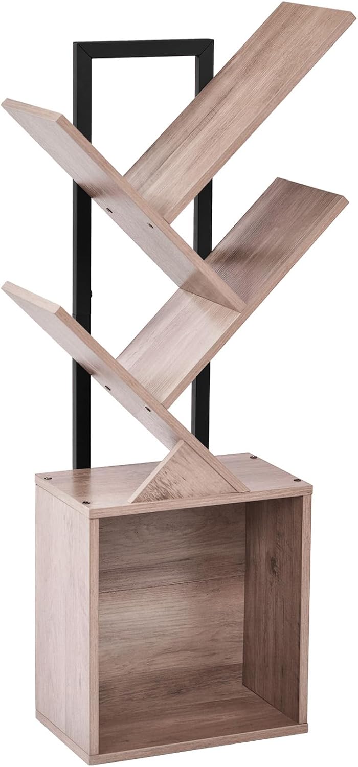 4-Tier Tree Bookshelf Bookcase with Storage Cabinet, Modern Corner Bookshelves, Narrow Wood Book Rack, Mini Floor