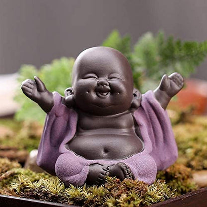 Ceramic Laughing Buddha Statue, Maitreya Happy Buddha Figurine, Cute Baby Monk Home Decor, Purple