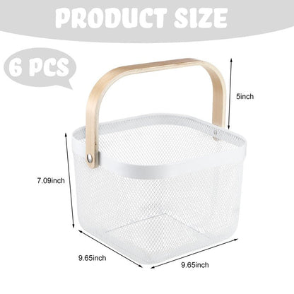 Roshtia White Metal Wire Storage Basket with Wooden Handle 9.65 x 9.65 x 7.09 Inch, Decorative Gift Basket for Wedding, Nurse Appreciation Week, Bathroom Kitchen Organizer, Farmhouse Storage Bin