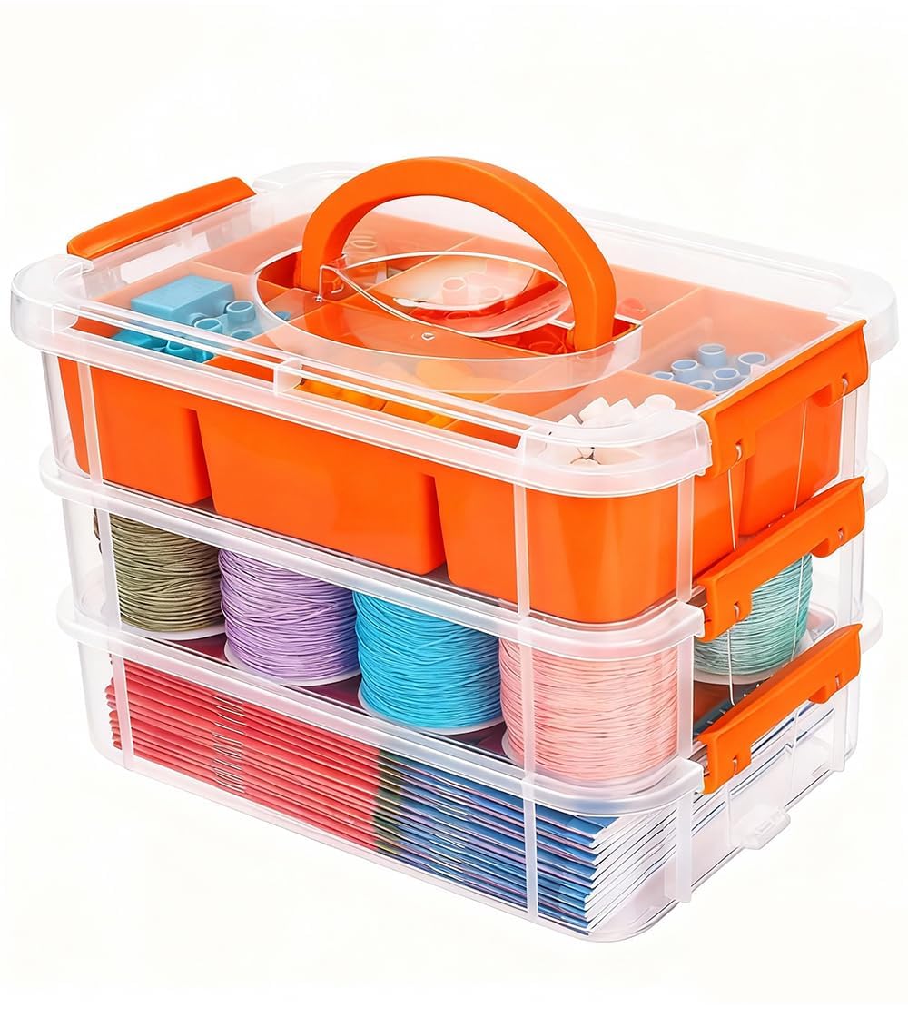Eppingwin 3 Layers Craft Storage Box, Storage Bins with Lids, Plastic Storage Container Box with Removable Bin, Organizer for Tools, Beads, Sewing (Orange)