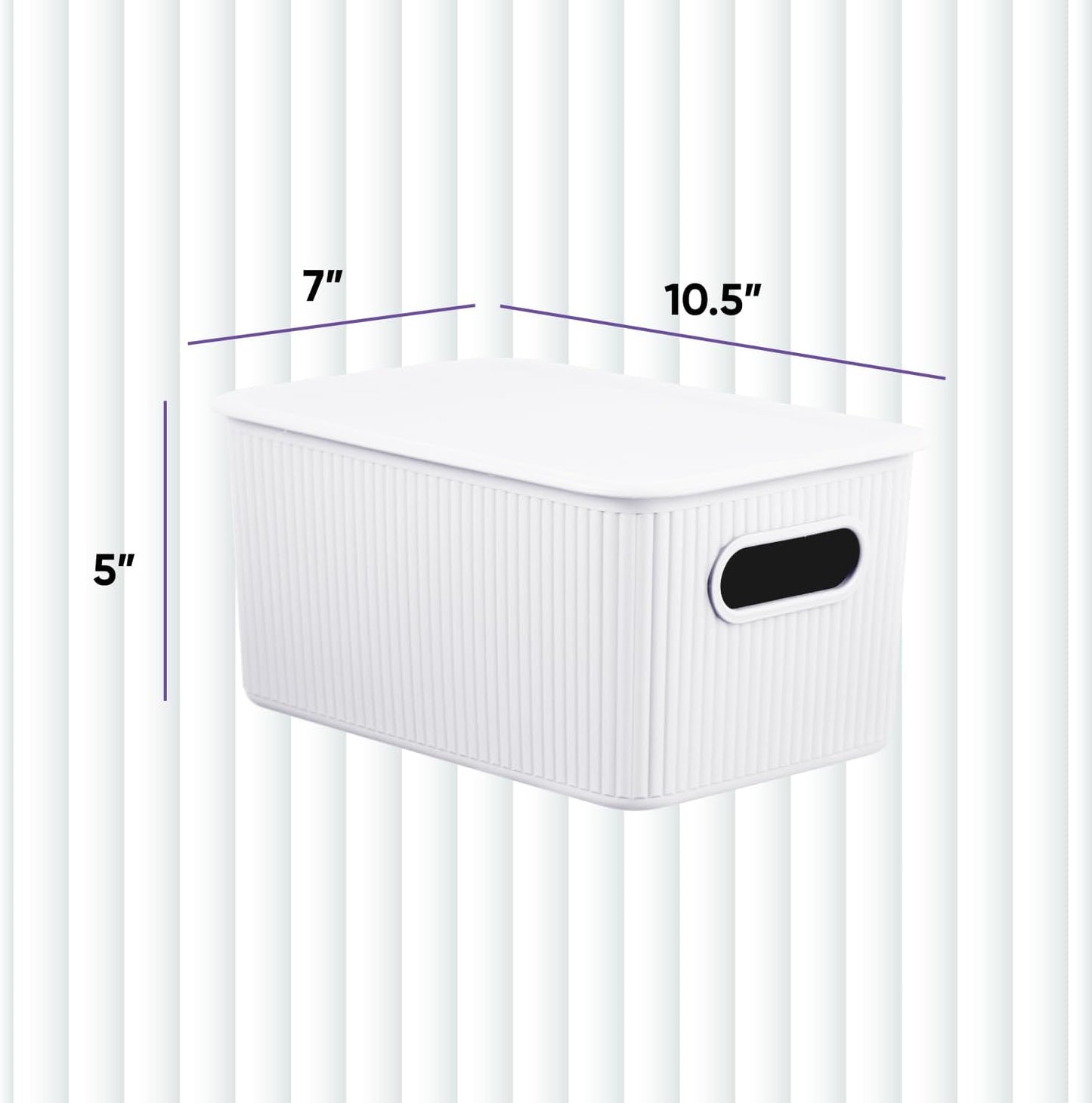 Superio Ribbed Collection - Decorative Plastic Lidded Home Storage Bins, Medium White (2 Pack)