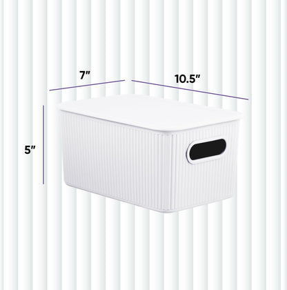 Superio Ribbed Collection - Decorative Plastic Lidded Home Storage Bins, Medium White (2 Pack)
