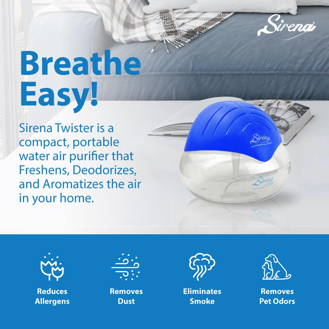 Sirena Twister Air Purifier (Black) - Water Filter Air Washer For Home and Office - Essential Oil Aroma Diffuser With LED Night light - Small Air Cleaner For Smoke and Pets
