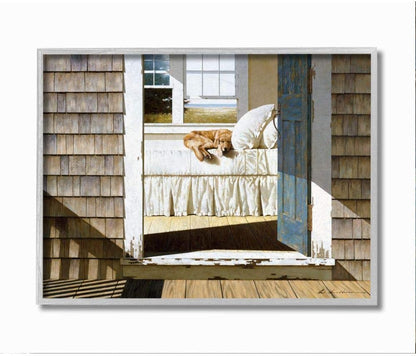 Stupell Industries Dog Nap at Cape House Painting - Realistic Coastal Art, 11x14, Grey Framed