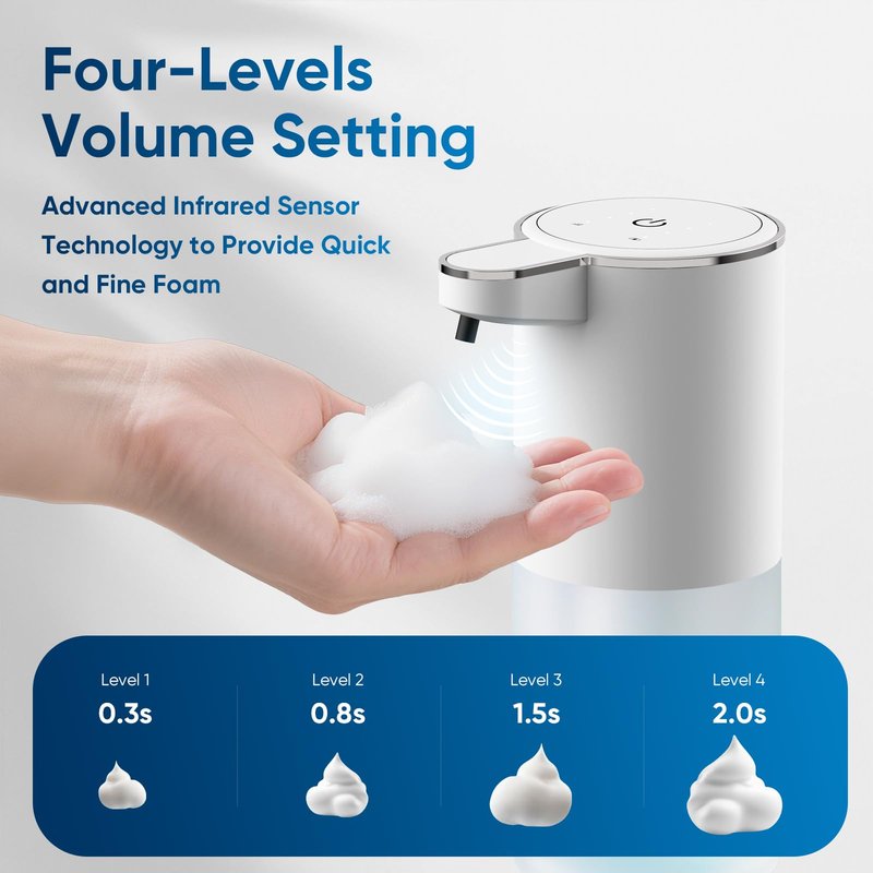 Automatic Soap Dispenser Touchless – 400ml Foaming Hand Soap Dispenser for Bathroom & Kitchen, Wall Mount or Countertop, 4 Adjustable Foam Levels, Rechargeable, IPX5 Waterproof