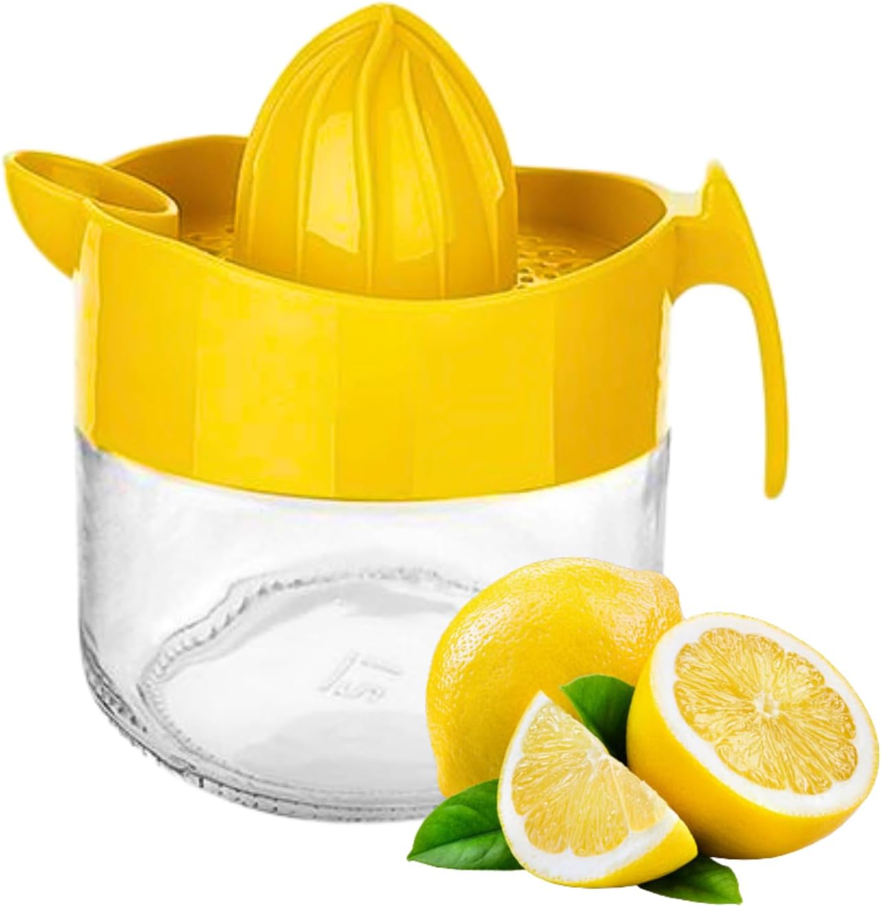 Glass Lemon Juicer, Small Grapefruit and Citrus Extractor with Handle and Pour Spout, 10.1oz (Yellow)