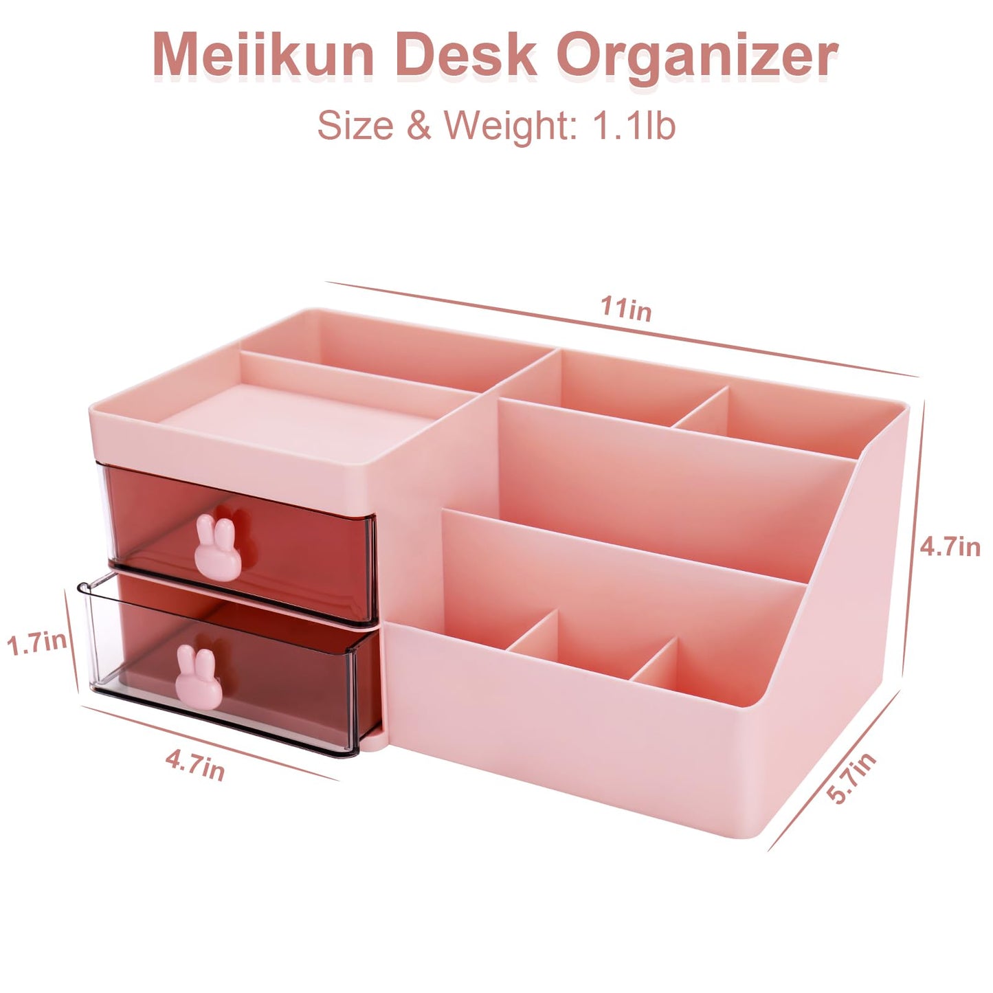 Meiikun Desk Organizer, Makeup Organizer with 2 Drawers, 7 Compartment & a Top Tray, Desktop Organizers and Storage for Women, Cute Home organization Bathroom, 11" x 5.7" x 4.7" (Pink)