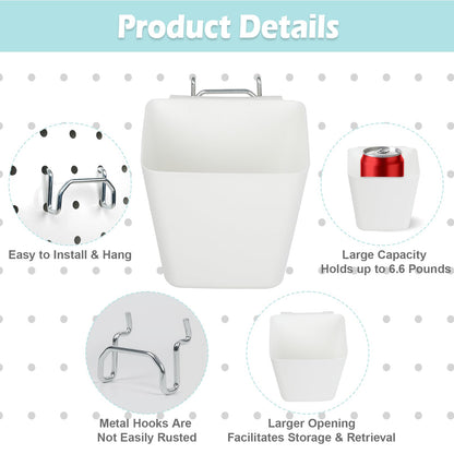 FIMXSD 8 Pack Large Pegboard Bins with Hooks, Square Box Shape Peg Board Cups and Peg Board Accessories for Craft Room, Playroom, Office, Garage, and Wall Mount Organization (White)