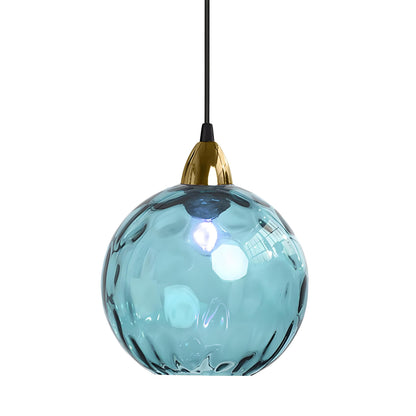 XIRYTU-H 20cm/7.9’’ Industrial Vintage Spherical Glass Pendant Light, E26 Ceiling Hanging Lamp, Gold Finish & Ripple Glass Globe Shade, Dining Room Bedroom Chandelier (Azure Blue)