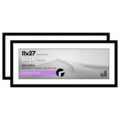 Americanflat 11x27 Picture Frame with Polished Plexiglass - Set of 2 - Use as 8x24 Frame with Mat or Display 11x27 Photo Without Mat - Galleria Collection - Picture Frames for Wall Display - Black
