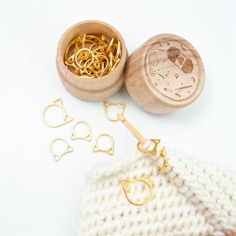 30 Pcs Stitch Markers with Wooden Storage Box, Cat Ears Metal Knitting Crochet Locking Markers Crochet Latching DIY Weaving Knitting Sewing Tools