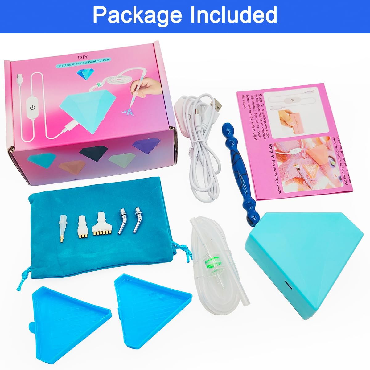 Diamond Art Painting Vacuum Pen Kit, Electric Diamond Art Pen with Storage Tray, No Wax Needed Diamond Art Accessories DIY 5D Art Craft Jewelry Bead Rhinestones(Blue)