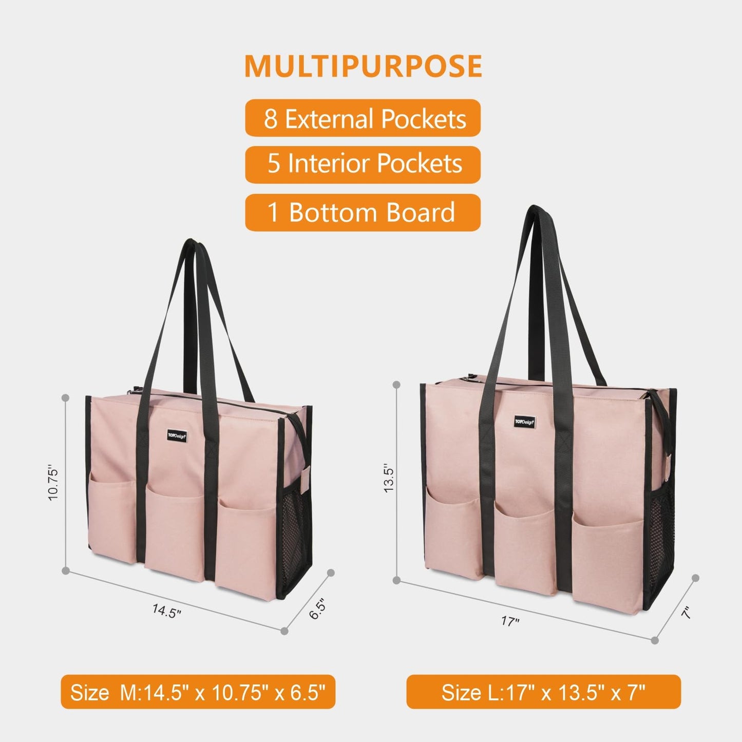 TOPDesign Utility Water Resistant Tote Bag with 13 Exterior & Interior Pockets, Top Zipper Closure & Thick Bottom Support, for Working Women, Teachers, Nurses, Accountants (Pink)