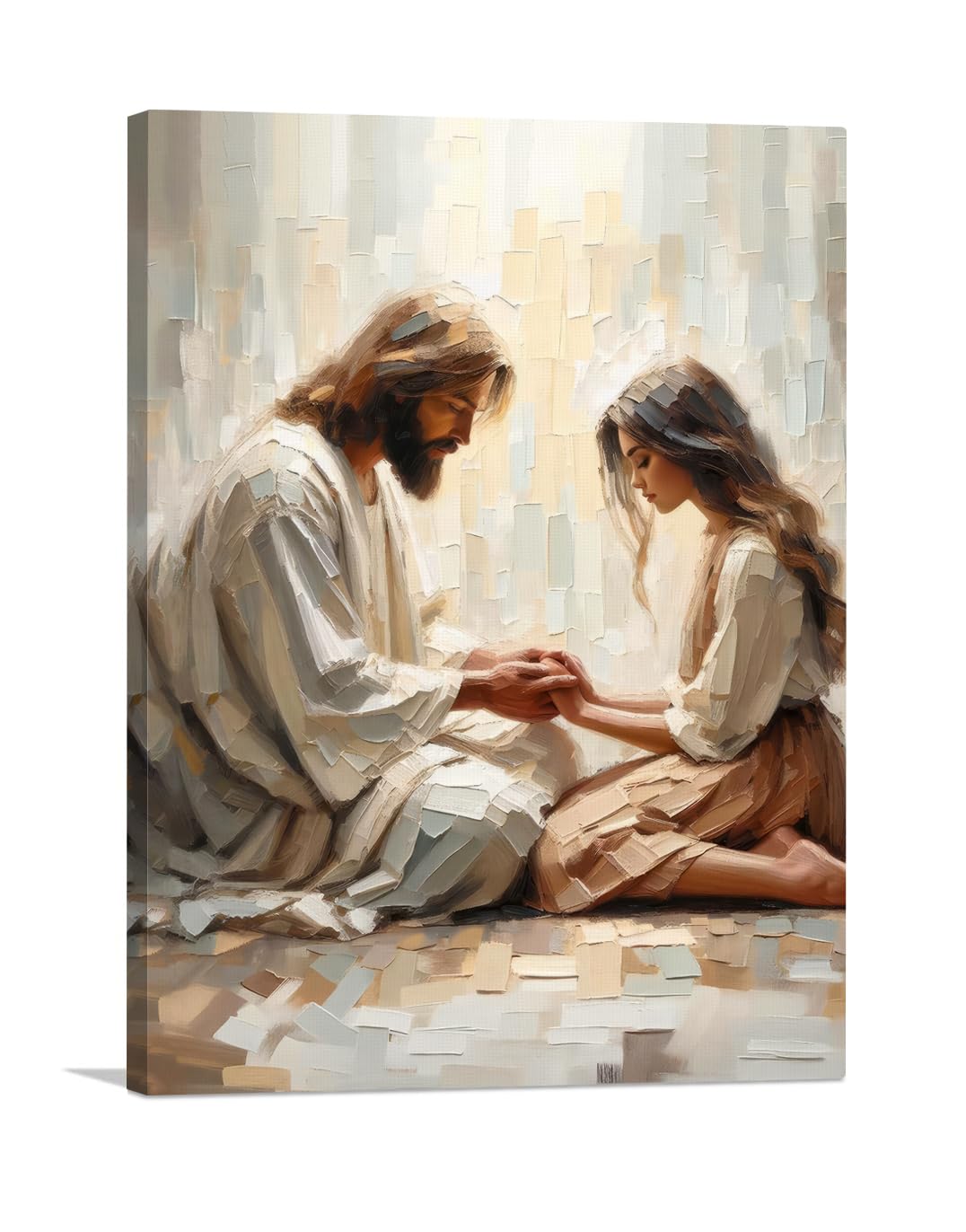 Palette Dreams Jesus And Girl Praying Painting Print Picture Wall Art ，Christian Paintings Religious Canvas Wall Decor Prayer Artwork for Living Room Bedroom Church Prayer Room Decor 12 x 16 Inch Framed