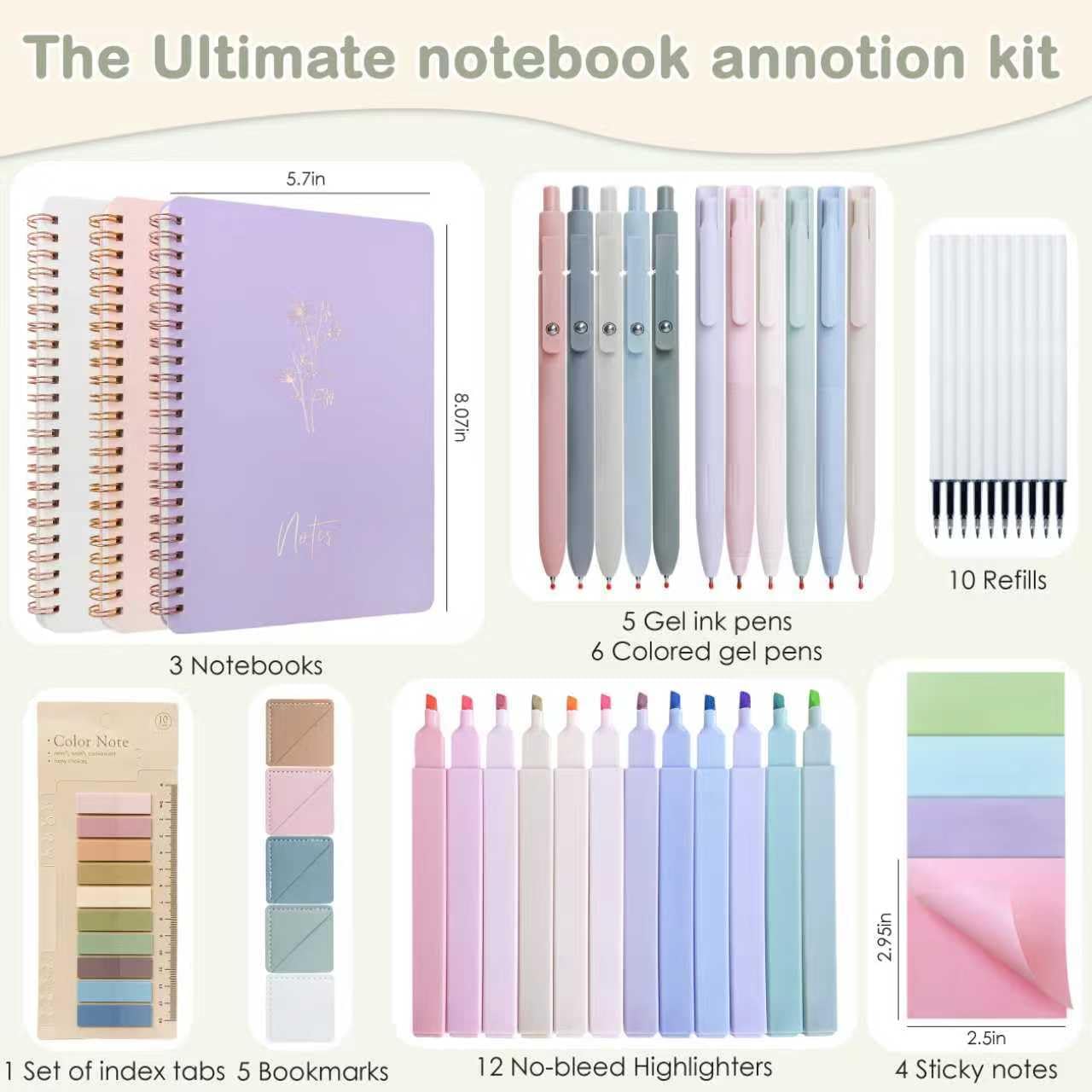 Tuhangcc 47PCS Spiral Notebook Stationary Set for Women,Bible Journal Set, 3PCS Unique A5 Spiral Notebooks 12 Highlighters, Sticky Notes & Bookmark Tabs 5 Gel Pen for Work Office Supplies (Blue)
