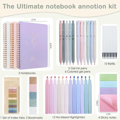 Tuhangcc 47PCS Spiral Notebook Stationary Set for Women,Bible Journal Set, 3PCS Unique A5 Spiral Notebooks 12 Highlighters, Sticky Notes & Bookmark Tabs 5 Gel Pen for Work Office Supplies (Blue)