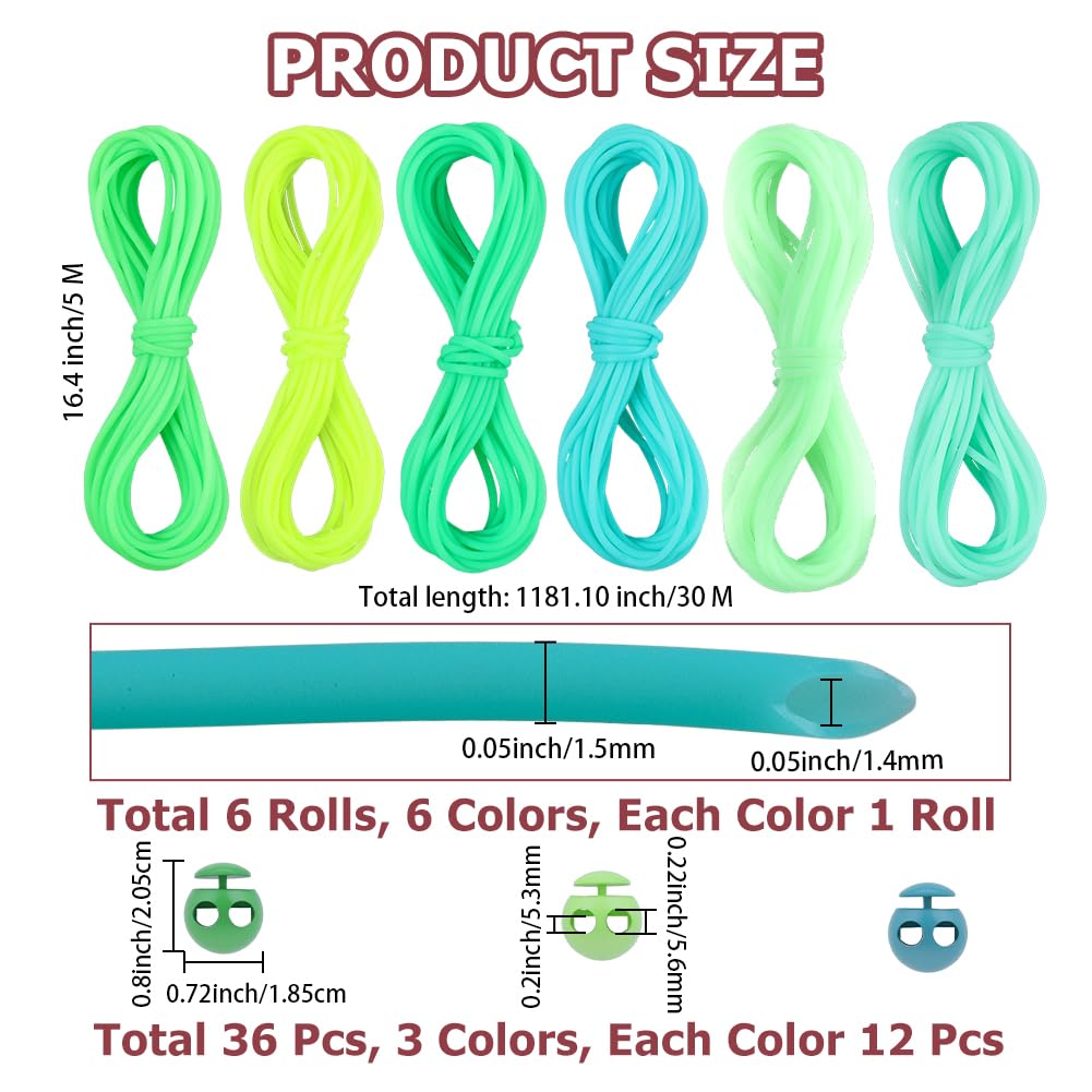 CRASPIRE 42Pcs Green Knitting Stitches Holder Cord Lock Kit 6 Roll Hollow Pipe Rubber Markers 1.4mm Needle Stoppers Set Tubing Barber with 36Pcs Silicone Locks for DIY Beading Necklaces Bracelet Craft