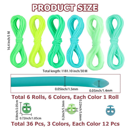 CRASPIRE 42Pcs Green Knitting Stitches Holder Cord Lock Kit 6 Roll Hollow Pipe Rubber Markers 1.4mm Needle Stoppers Set Tubing Barber with 36Pcs Silicone Locks for DIY Beading Necklaces Bracelet Craft