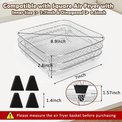 BYKITCHEN 8 inch Square Air Fryer Rack, 3pcs Stackable Stainless Steel Dehydrator Rack with Silicon Feet, Square Air Fryer Accessories for Cosori, Instant Vortex, Ninja Pro XL 6.5 QT AF181 & More