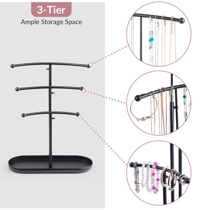 SZQINJI Jewelry Stand Organizer, Metal Jewelry Tree Holder 3-Tier Jewelry Storage Tower for Necklace Display, Earring Hanging Black, Christmas Gift