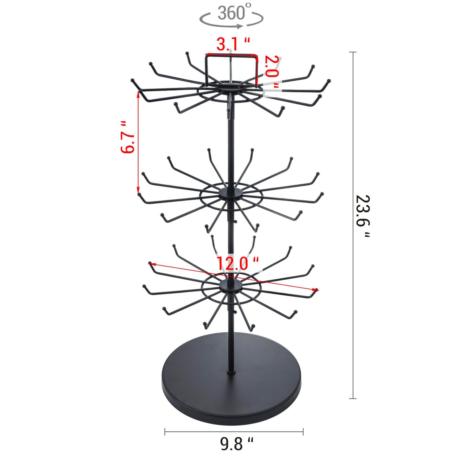 MyGift 3-Tier Matte Black Metal Jewelry Tree Display Stand – 360 Rotating Necklace & Bracelet Organizer Tower with 36 Hooks and Top Sign Holder