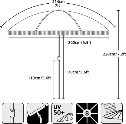 AMMSUN 7ft Patio Umbrella - Stylish Fringe Design with UPF50+ Protection & Steel Pole | Black