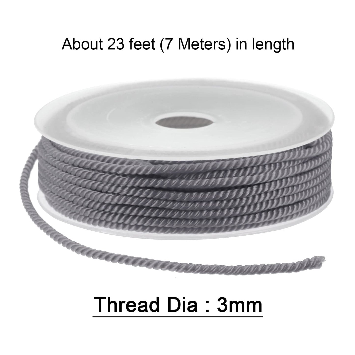 HARFINGTON Twisted Nylon Twine Thread Beading Cord 3mm 7M/23 Feet Extra-Strong Braided Nylon String for Crafting Bracelets Jewelry Making, Grey