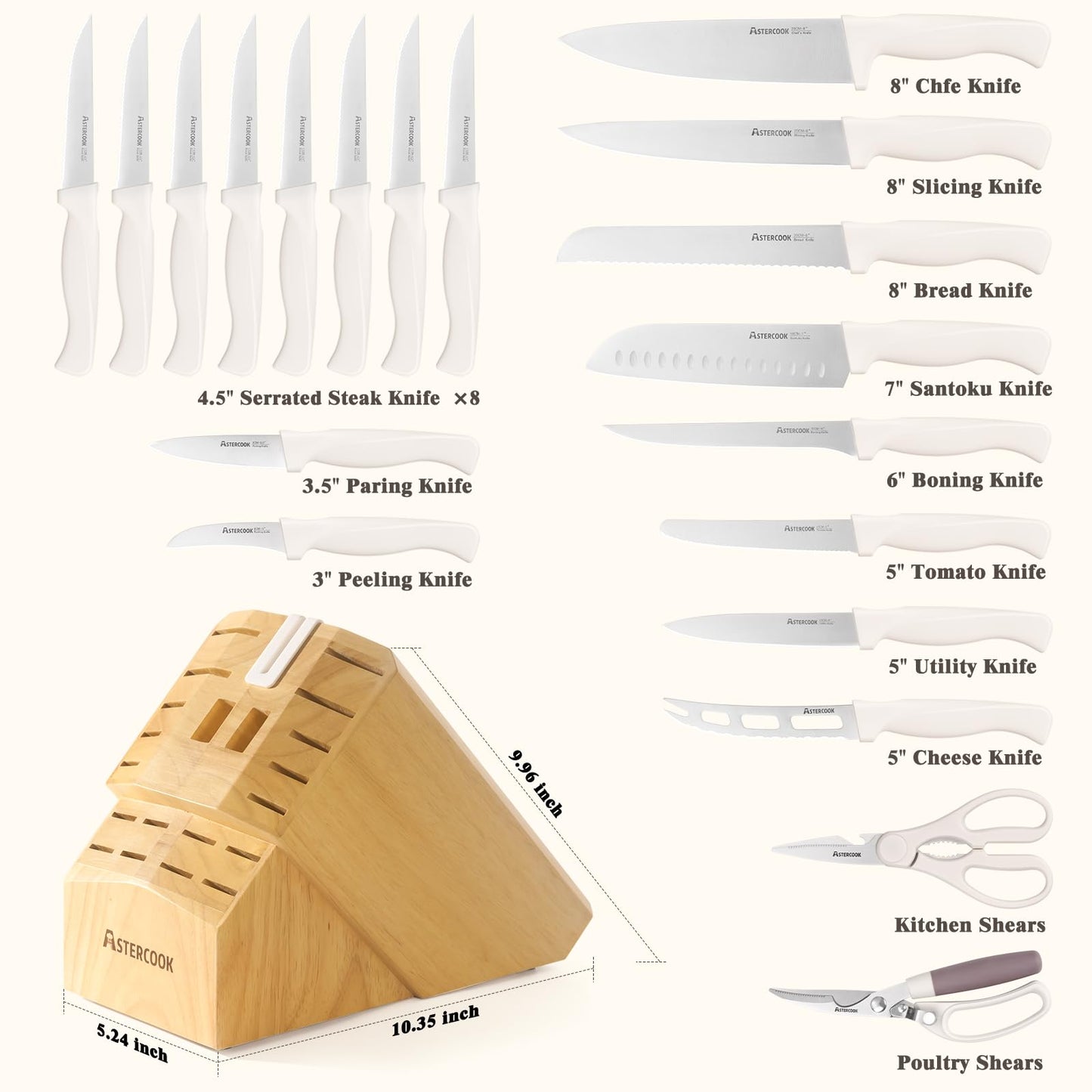 Knife Set, Astercook 22-Piece Kitchen Knife Set with Built-in Sharpener Block, High Carbon Stainless Steel Knives, Dishwasher Safe, Non-Slip Handle, Elegant Cream White Design, Perfect Holiday Gifts