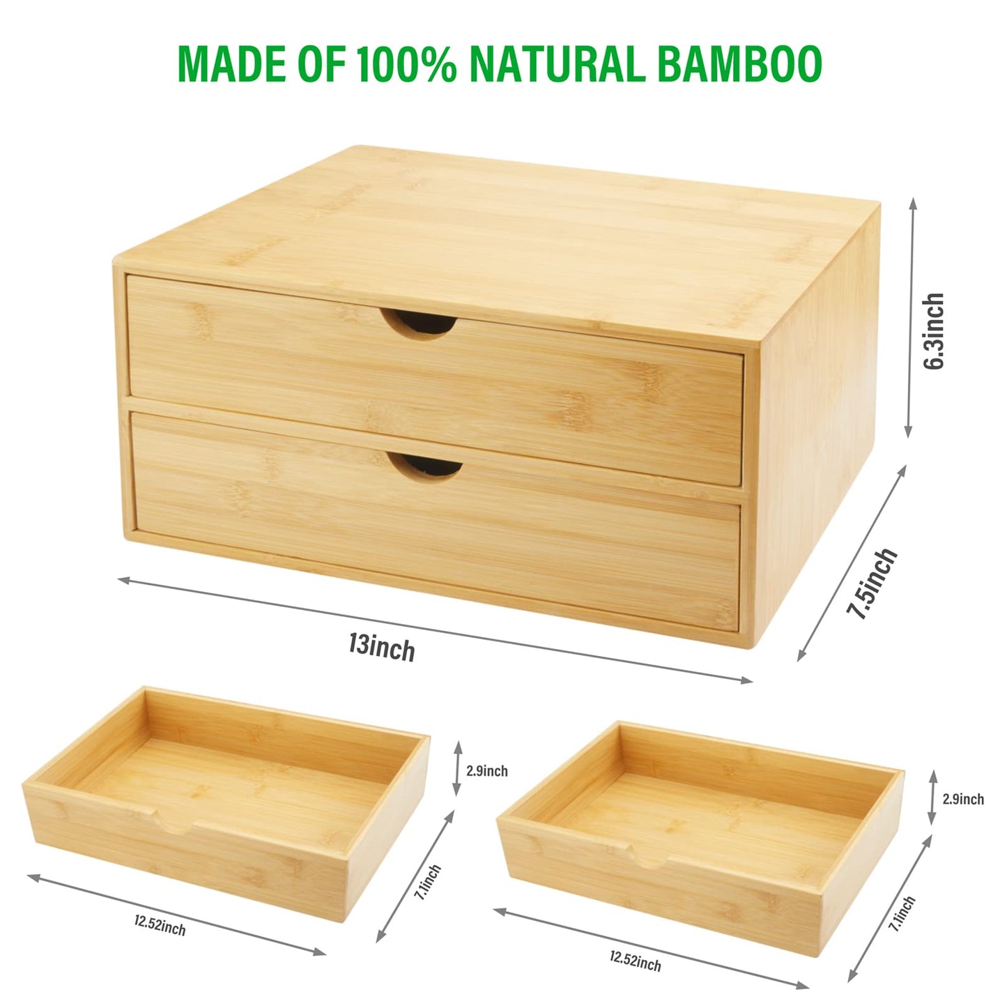 Charmewooden Bamboo Desk Organizer with Drawers, Countertop Organizer with Drawers Makeup Storage Drawer 2 Drawers Tabletop Storage Organization Box Home Office Workspace Bathroom Toiletries Supplies