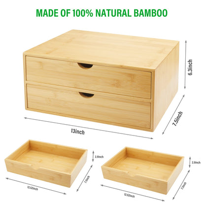 Charmewooden Bamboo Desk Organizer with Drawers, Countertop Organizer with Drawers Makeup Storage Drawer 2 Drawers Tabletop Storage Organization Box Home Office Workspace Bathroom Toiletries Supplies