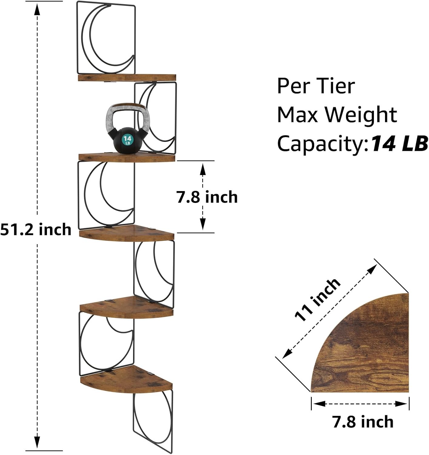 5 PHAREGE Tier Moon Phase Corner Shelves Brown Black, Rustic Storage Shelves for Bedroom Kitchen Bathroom Living Room
