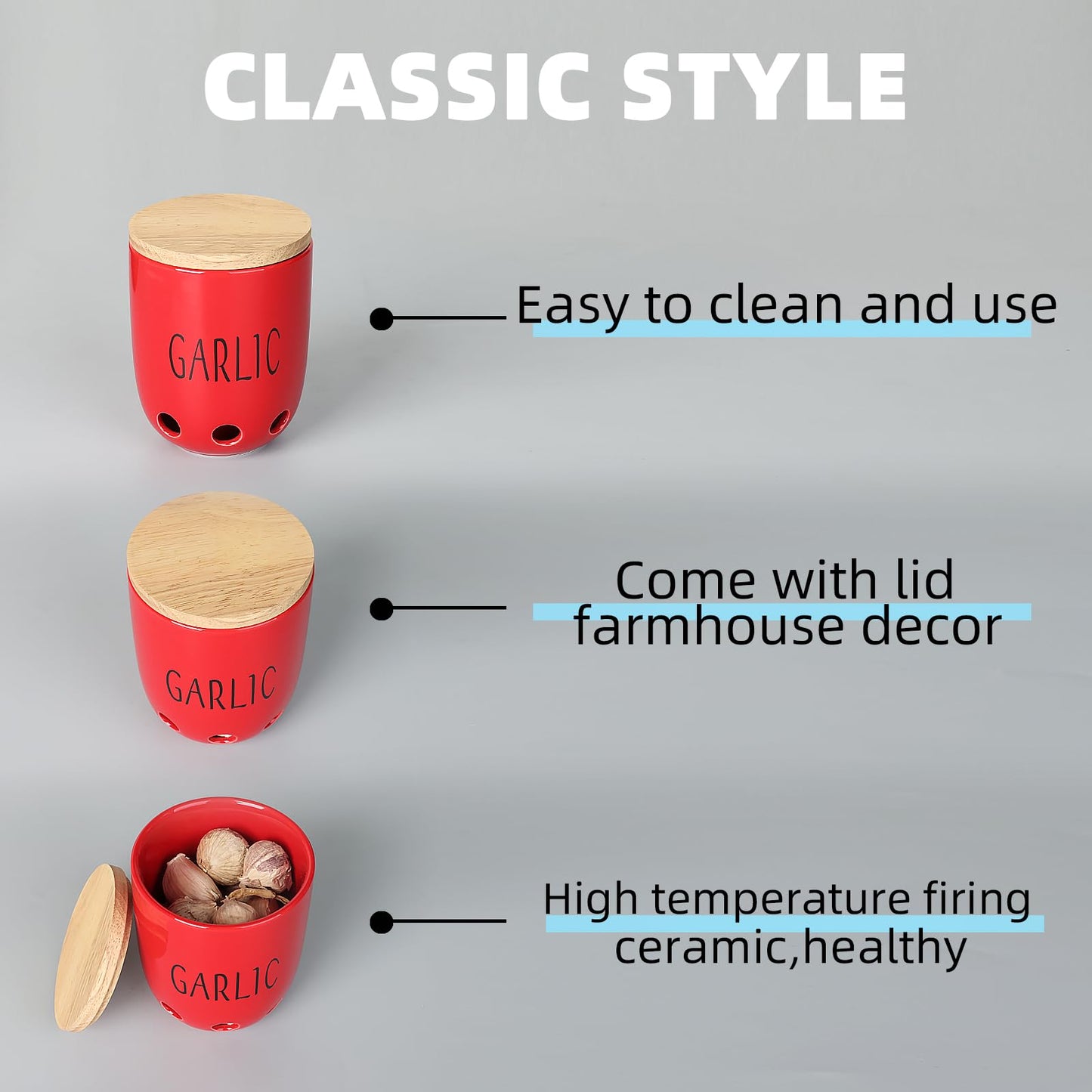 HAOTOP Ceramic Garlic Keeper for Counter, Garlic Saver Container with Wood Lid, Garlic Keeper for Kitchen, Garlic Holder to Keep Your Garlic Cloves Fresh Longer (Red)