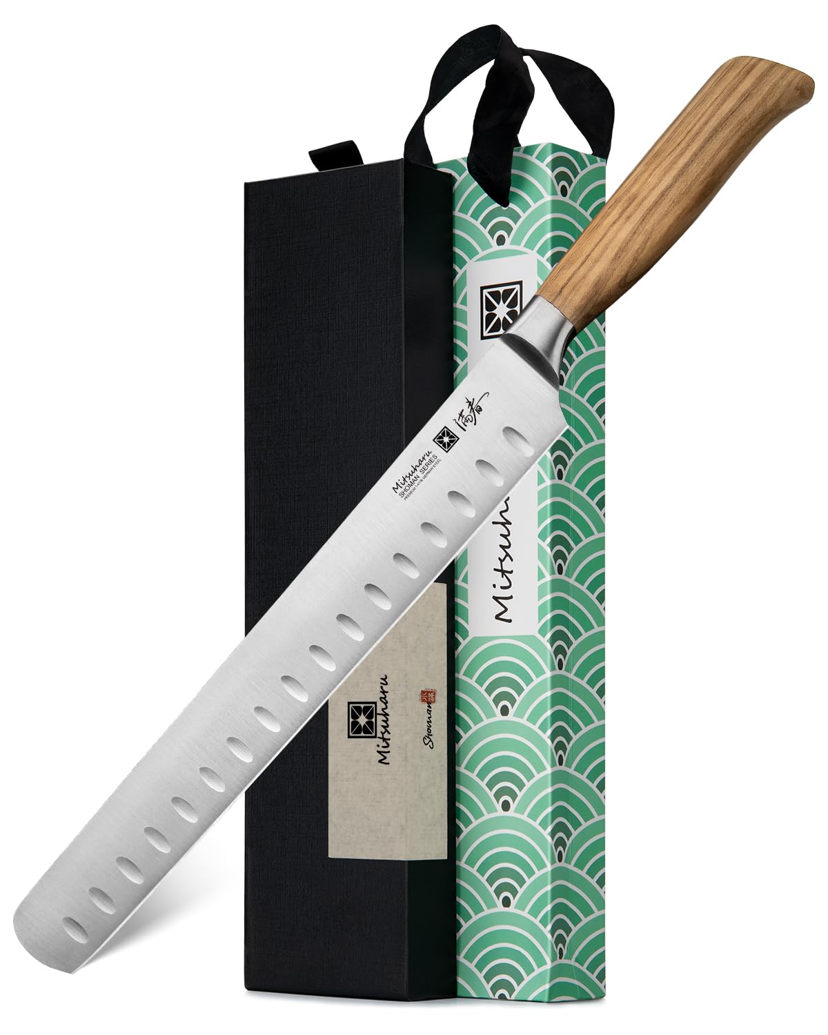 Mitsuharu 10.75" Slicing Knife, SHOMAN Series Brisket Knife for Meat Cutting with Ergonomic Olive Wood Handle, German Steel Meat Carving Knife for BBQ Brisket Turkey Ribs Roast Beef with Case