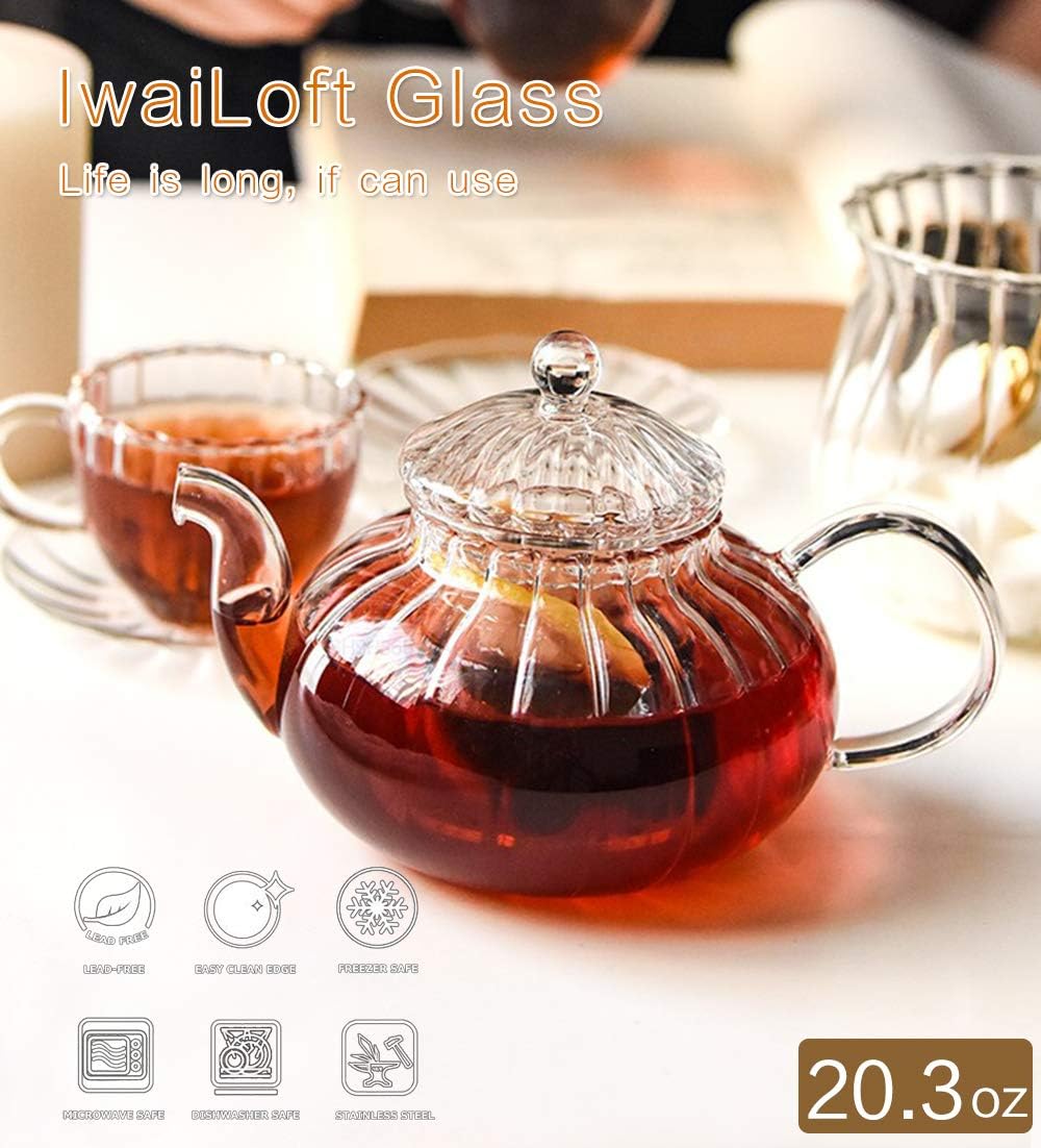 IwaiLoft NEW Glass Teapot with Infuser, Stovetop Safe Tea Kettle, 20OZ Blooming Tea Maker, Pumpkin
