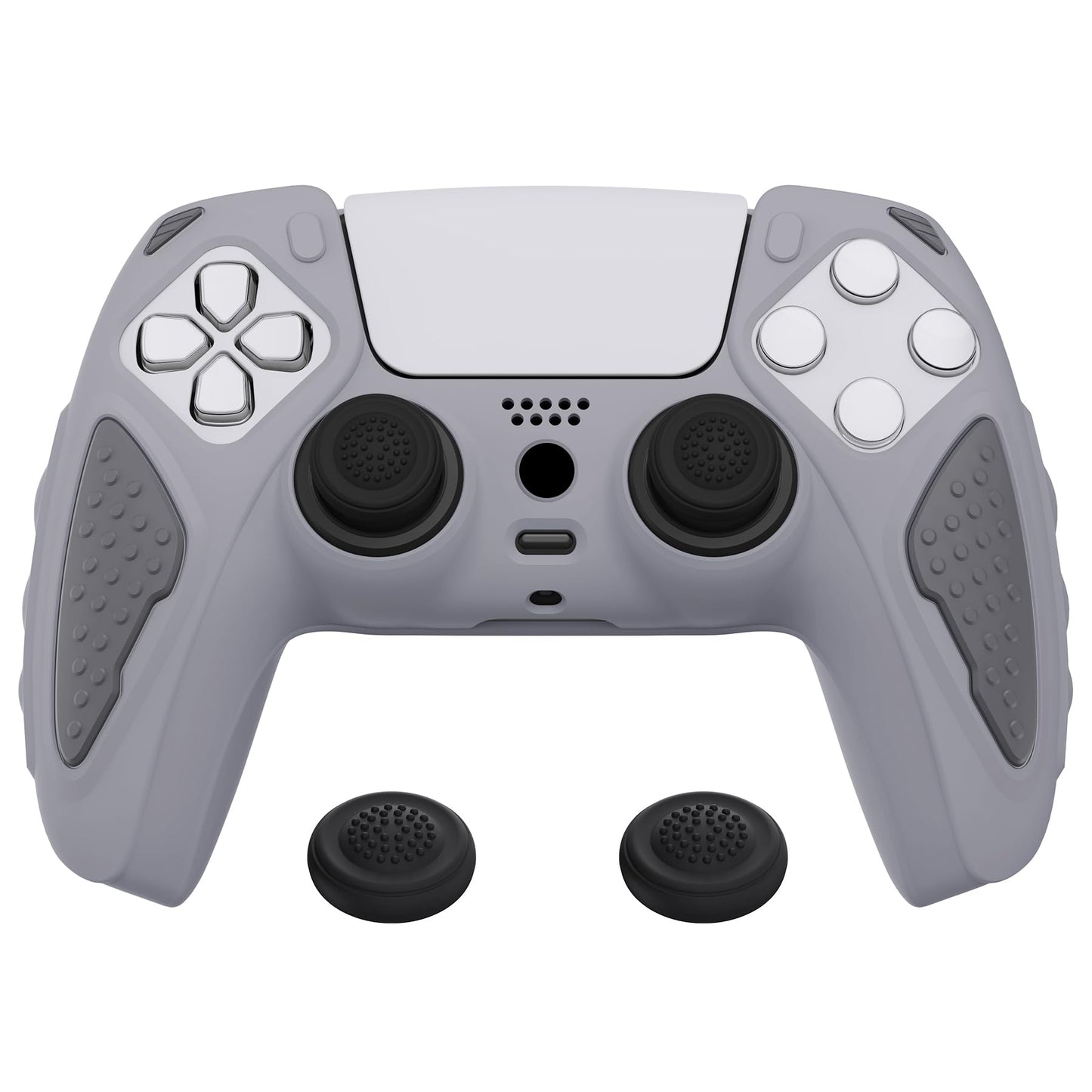 PlayVital Knight Edition Metallic Gray & Dark Gray Two Tone Anti-Slip Silicone Cover Skin for ps5 Controller, Soft Rubber Case for ps5 Wireless Controller with Thumb Grip Caps