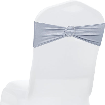 MDS Spandex Foil Chair Sashes - Universal Elastic Stretch Bands with Buckle for Weddings | Metallic Silver, Pack of 125