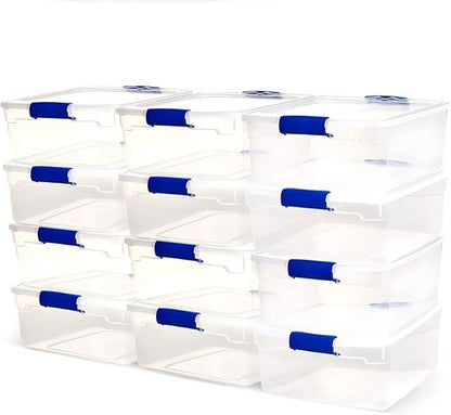 HOMZ 12-Pack Clear Plastic Storage Organizer Bins - 15.5 Quart Stackable Containers for Home & Office