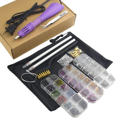 XINMEIWEN Hot fix Applicator Tool with Rhinestone DIY Wand Setter Tool Kit Including 7 Different Sizes Tips Tweezers & Brush Cleaning Kit and 3 Pack Hot-Fix Crystal Rhinestones (Purple)