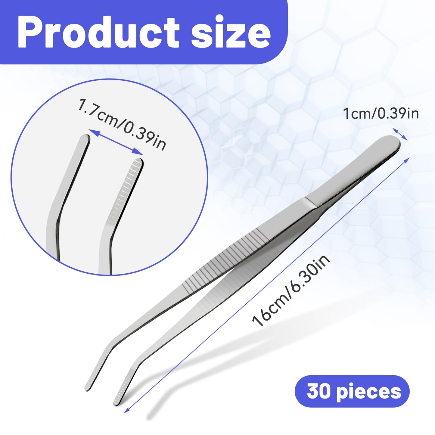 30PCS Thickened Stainless Steel Tweezers with Curved Serrated Tip, 6.3×0.4in Multipurpose Tweezers for Crafting, Craft Sewing, Garden Work and Feeding Small Animals, Non-Slipping Hand Tools (Sliver)
