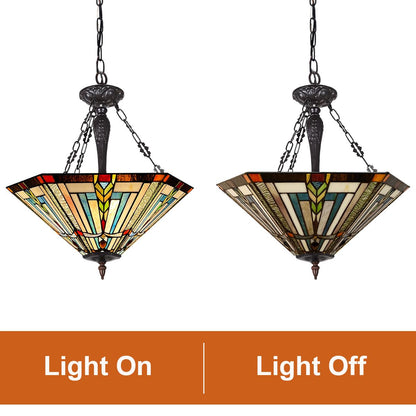 COTOSS Tiffany Pendant Light Fixtures,22" Wide Large Stained Glass Inverted Ceiling Pendant for Dining Room,Antique Style 3 Lights Hanging Lamp for Living Room Lobby Stairway