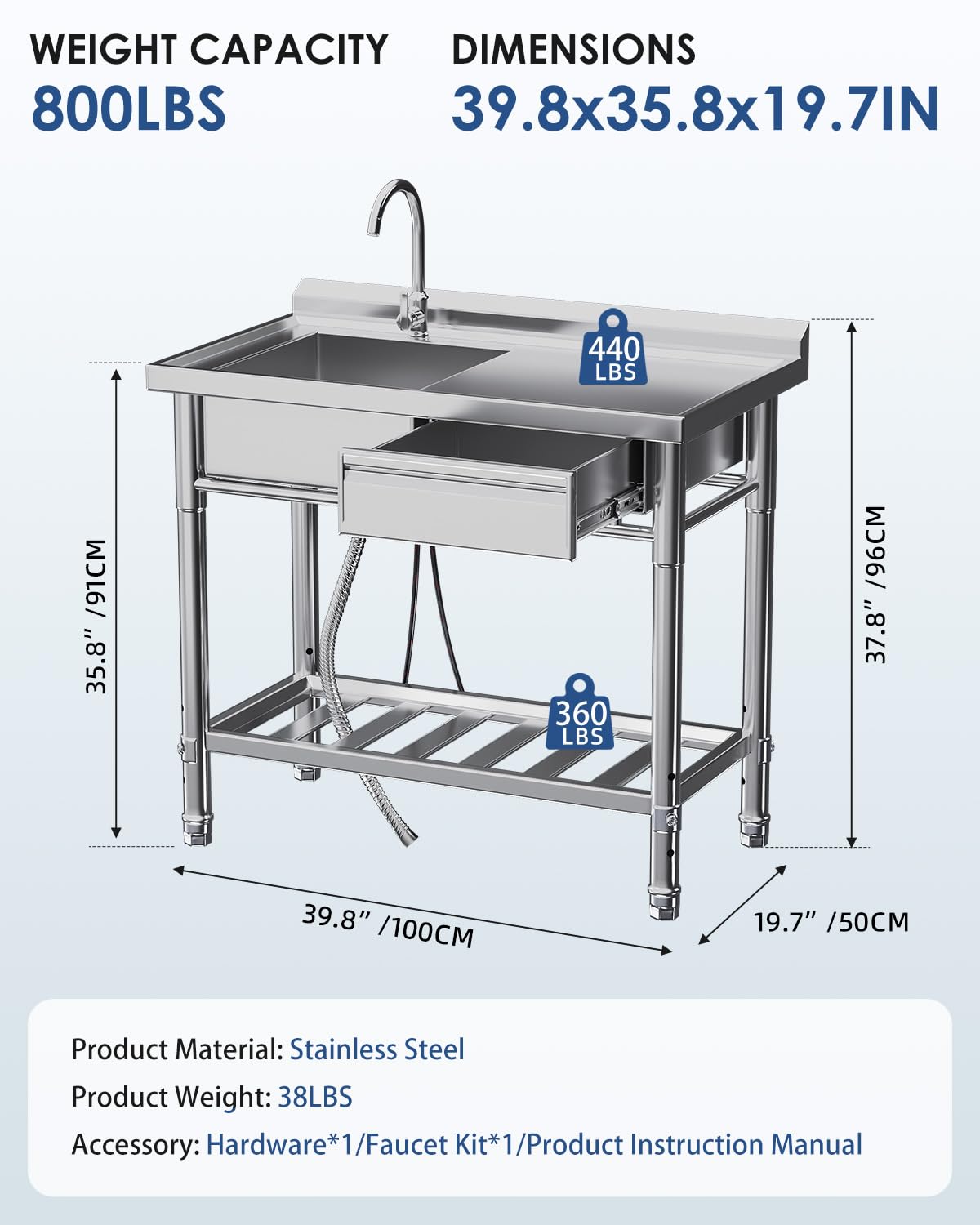 JFHID Stainless Steel Utility Sink, Free Standing Single Bowl Commercial Kitchen Sinks with Faucet, Drawer & Hot/Cold Water Pipes, Stainless Steel Prep Table Workbench Sink for Restaurant Laundry