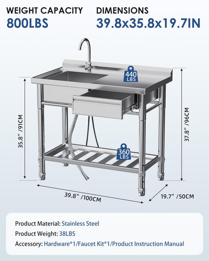JFHID Stainless Steel Utility Sink, Free Standing Single Bowl Commercial Kitchen Sinks with Faucet, Drawer & Hot/Cold Water Pipes, Stainless Steel Prep Table Workbench Sink for Restaurant Laundry