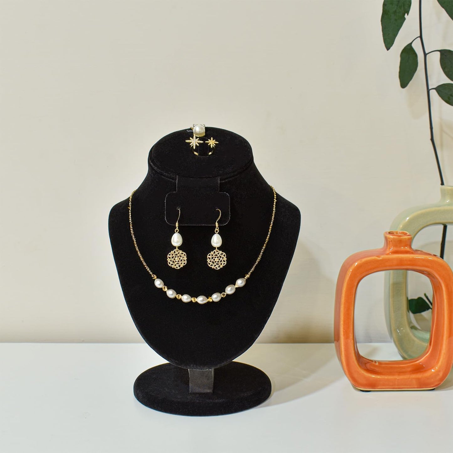 MOOCA Jewelry Display, Black Velvet Stand, Necklace Mannequin, Adjustable Hook, Wood Base, Fits Choker Necklaces, Jewelry Storage