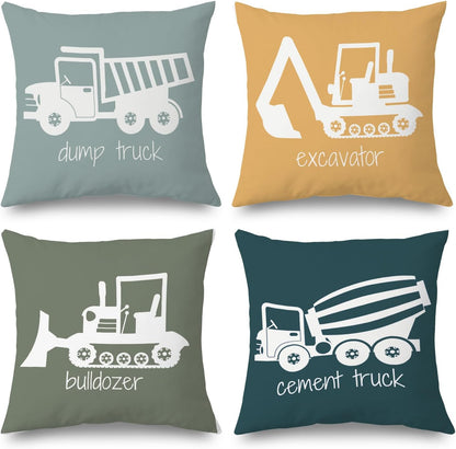 18x18 Set 4 Construction Truck Decor for Toddler Boys Room - Bedroom Playroom Nursery, Truck Pillow Covers