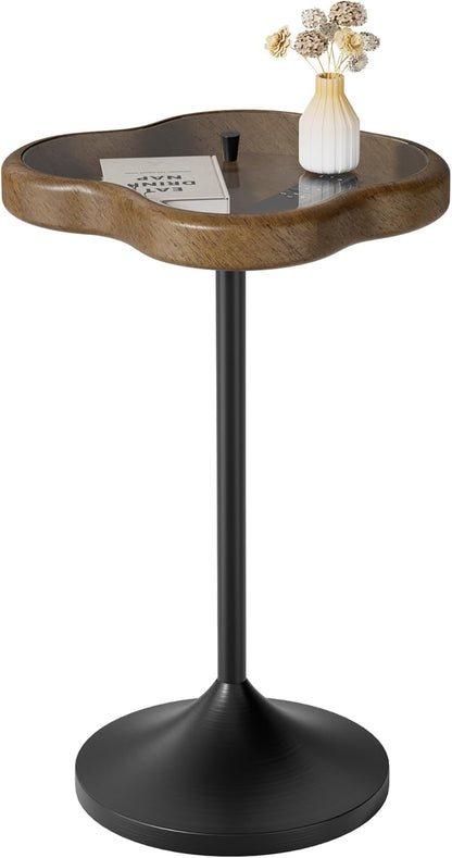 Aoligrace Small Side Table, Solid Wood End Table with Tempered Glass Top, Unique Drink Pedestal Table with Storage