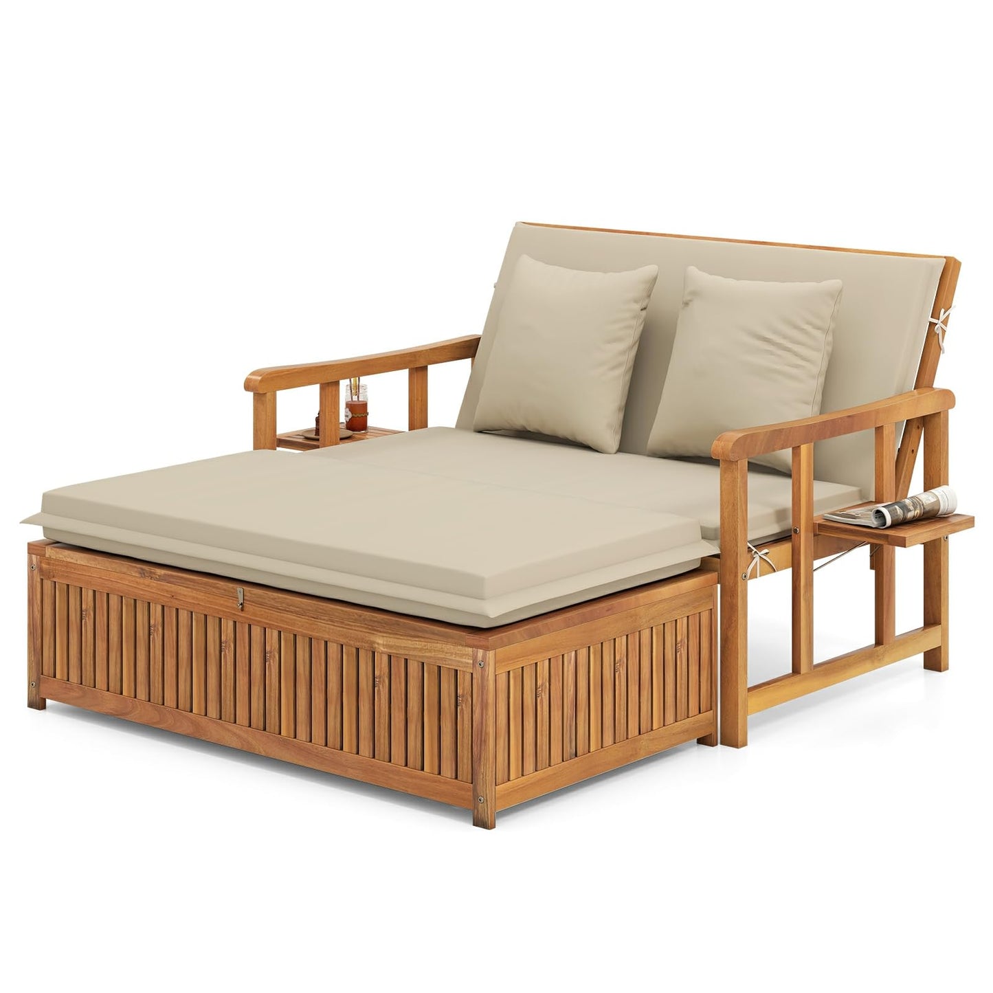 LDAILY Moccha Acacia Wood Outdoor Daybed - Wooden Loveseat Sofa with 4-Level Backrest, Storage Ottoman, Cushions, Outside Sunbed, Double Bed Lounger for Backyard Porch Pool Patio Furniture Set